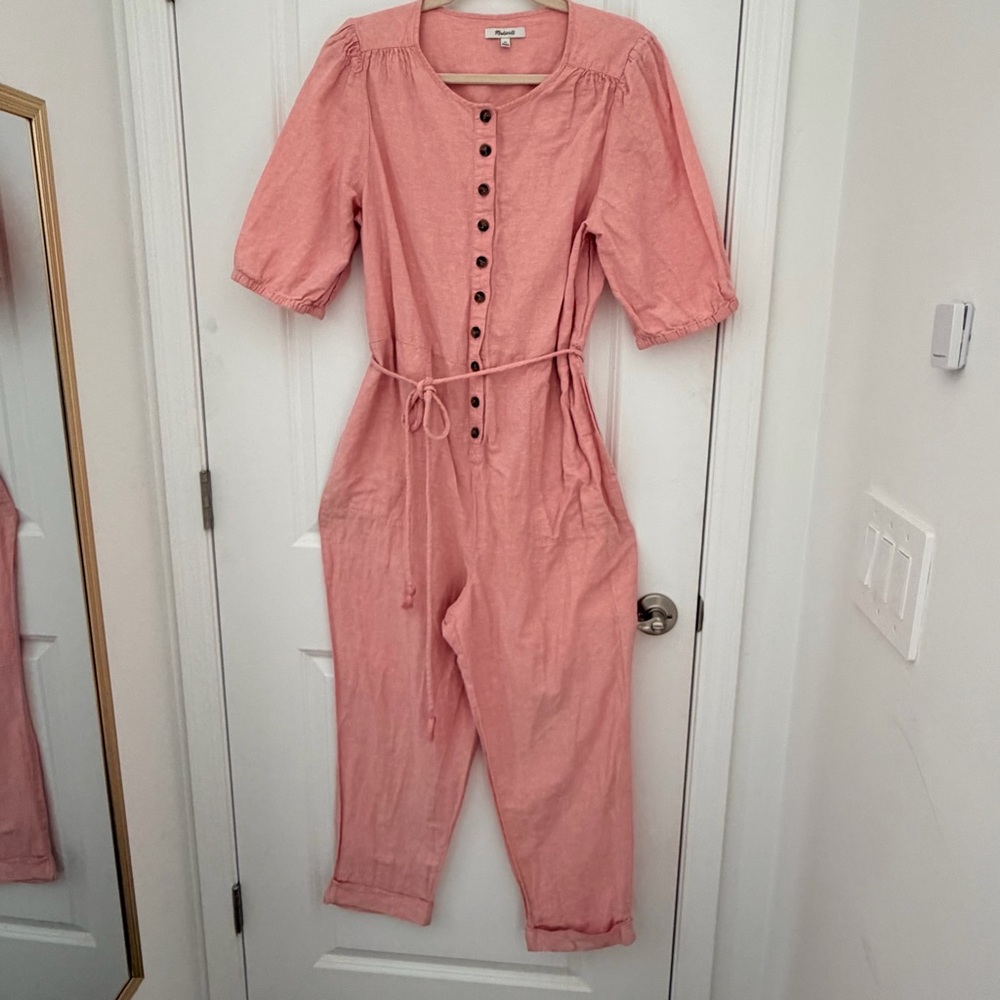 Madewell Linen Blend Puff Sleeve Jumpsuit Pink Button Front Tassel Tie XL - Picture 2 of 8